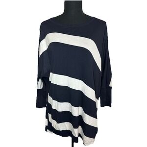 LaFayette 148 New York Blue White Diagonal Striped Dolman 3/4 Sleeve Sweater MED